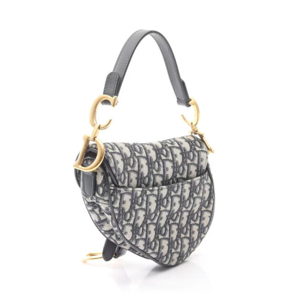 Dior Bag Jacquard Oblique Saddle Blue Navy White Ivory Canvas Handbag Leather - Picture 1 of 8